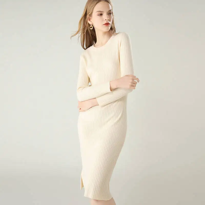 beige Осенне-зимнее Новое тонкое платье для женщин с круглым вырезом, модные длинные свитера с длинными рукавами, шерстяное вязаное платье для женщин - Цвет: beige