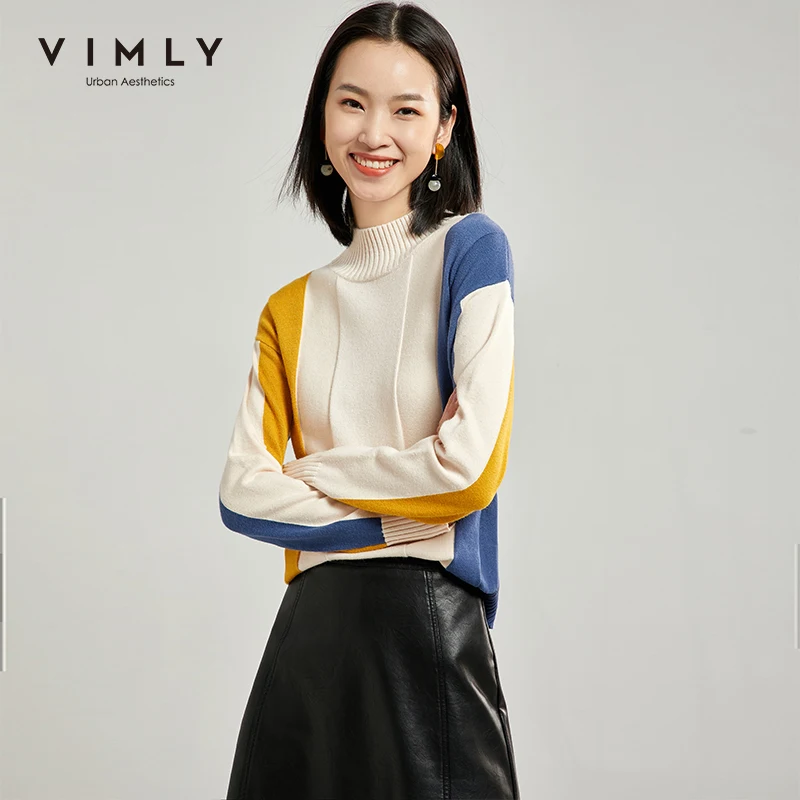 Vimly толстый свитер для женщин в полоску вязаный с высоким плотно облегающим шею