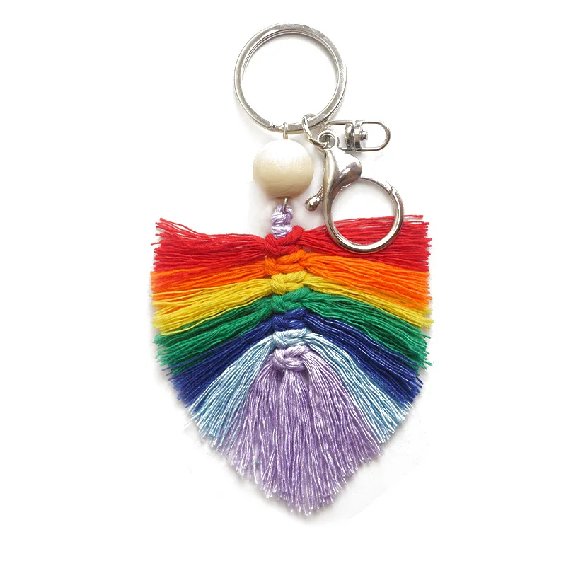 

Handmade BOHO Fringe Rainbow Macrame Tassel Wood Beads Keychains for Women Bag Accessories Car Drops Key Rings