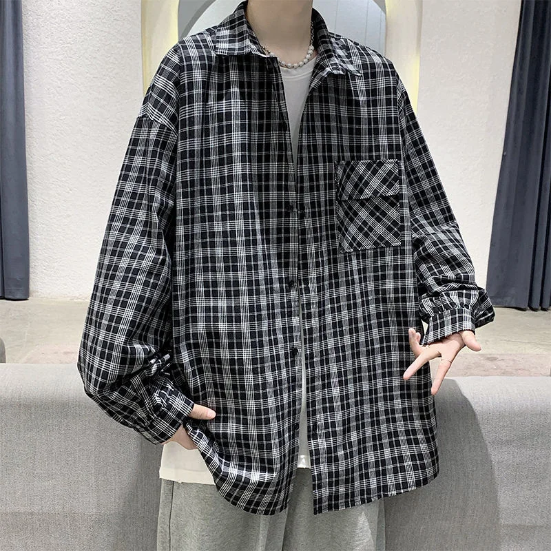 

2021 autumn New plaid shirt men's long-sleeved youth thin loose tooling clothes trend Low price Free shipping blue