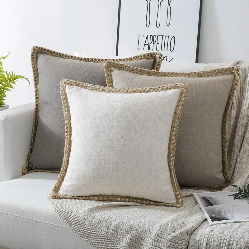 

Mcao Farmhouse Rustic Decorative Throw Pillow Cover Burlap Linen Trimmed Tailor Edge Pillowcase for Sofa Couch Livingroom TJ7158