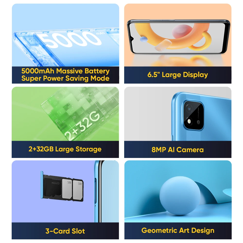 Realme C11 mundial de 2021 2GB RAM 32GB ROM 6,5 "HD + 8MP c&aacute;mara de IA 5000mAh bater&iacute;a de larga duraci&oacute;n NFC-1