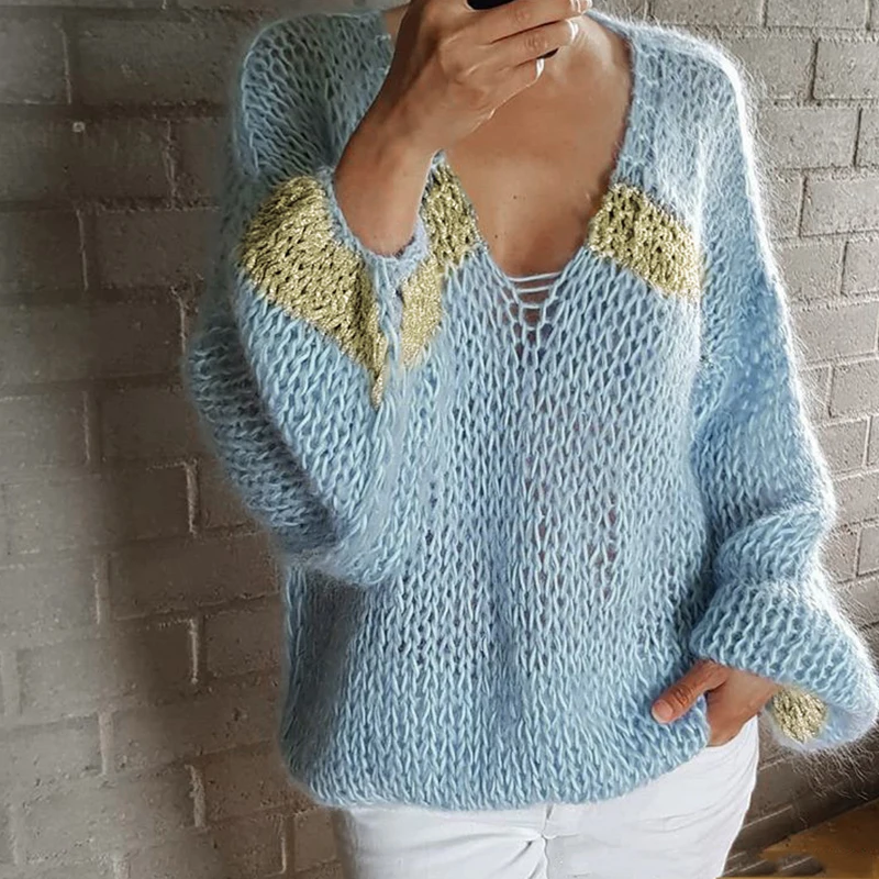 

Autumn Winter New Fashion Patchwork Women Kniteed Sweater Elegant V-Neck Hollow Jumper Tops Loose Casual Long Sleeve sweater