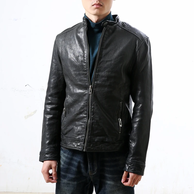 

New Genuine Mens Vegetable Tanned Goatskin Stand Collar Slim Fit Men's Motorcycle Leather Jacket