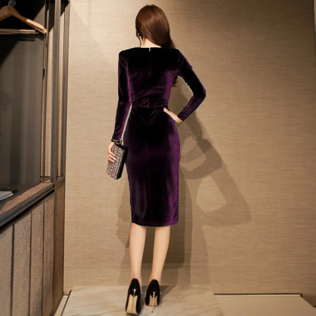 

Elegant O-neck Women Dress Tight Long Sleeve Solid Color Female Sexy Dress Office Evening Party Lady Sheath Sweater Dress