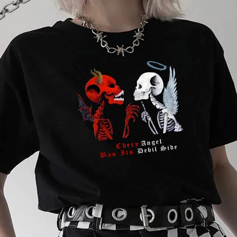 

Angel Devil Gothic T-Shirt Women's Skeleton Print Grunge Aesthetic Goth T Shirt Dark Edgy Fashion Streetwear Graphic Tee