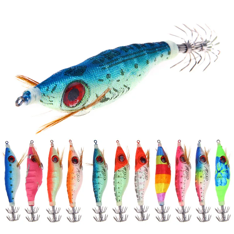 

Fishing Lure JIg Sinker Wood Shrimp Bait Squid Hook Jigs Sea Octopus Cuttlefish Shrimp Baits 3D Eyes Luminous Lures Fishing