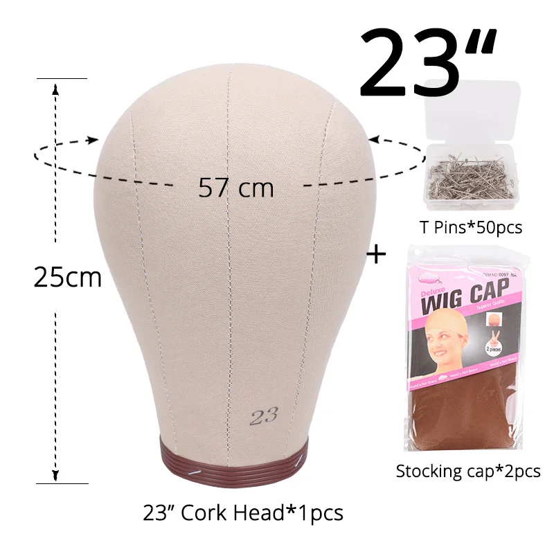 Plussign New Cork Canvas Block Head Mannequin Head With T Pins Stocking Wig Cap 21 22 23 24 Inch Four Size Wig Making Head