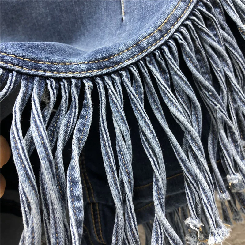 

2021 Summer Street Trend A Line Jean Sheath Dress Cool Girls Tassels Patched Zipper Anti-emptied Asymmetrical Denim Skirt Women