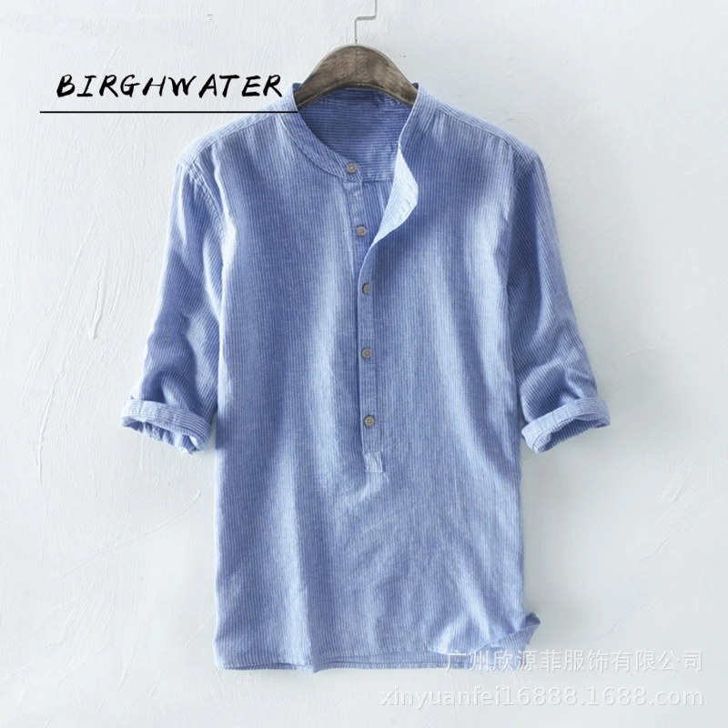 

Helisopus 2021 New Cotton Long Sleeve Mens Shirts Spring Autumn Striped Slim Fit Stand Collar Shirt Male Clothes Plus Size