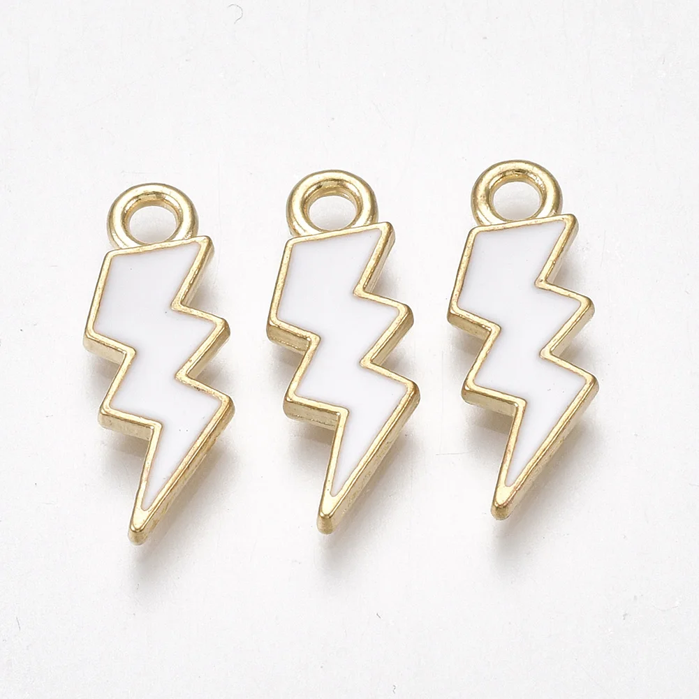 

10pcs Enamel Lightning Bolt Alloy Pendants Light Gold White For Necklaces Bracelets Jewelry Making, 20.5x7.5x2mm, Hole: 2mm
