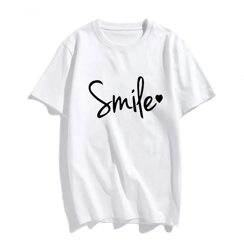 

Estilo simples sorriso carta impressão t camisa das mulheres de manga curta o pescoço solto tshirt senhoras t camisa topos roupa