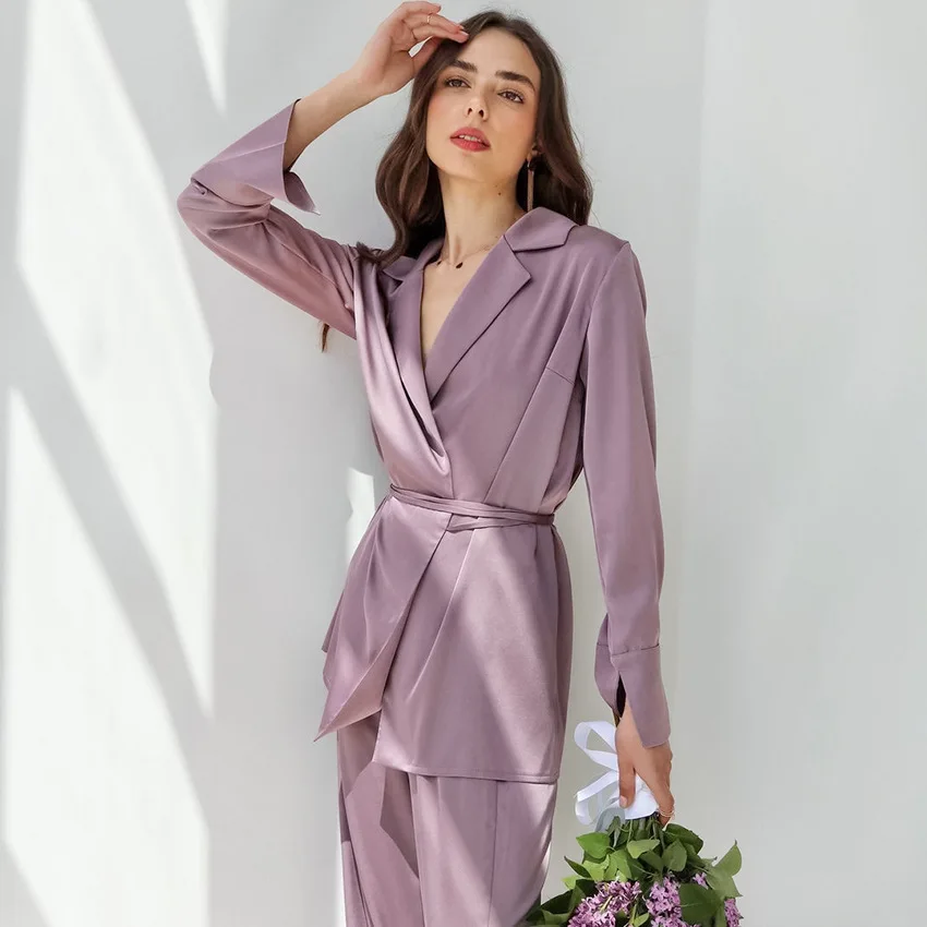 

Женский Пижамный костюм, пикантная Пижама с отложным воротником, длинная одежда для сна, новинка на весну-осень, домашняя одежда из 2 предмет...