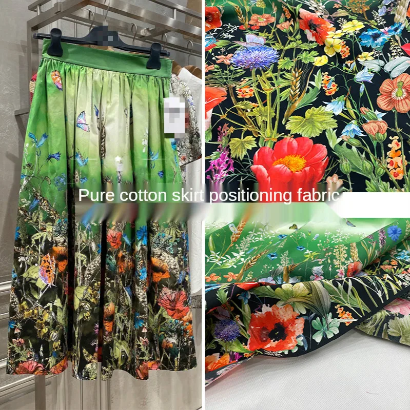 

2021 Digital Cotton Printed Fabric European and American Brand G Butterfly Flower Cluster Positioning Skirt Fabric