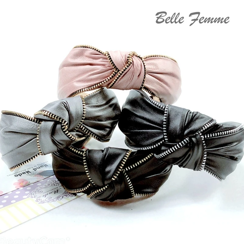 Женские ободки из синтетической кожи на молнии повязка голову с бантом цветные