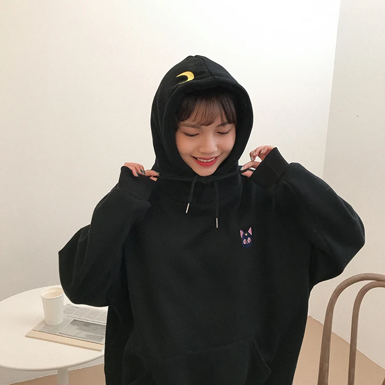 Вышитые Луна кошка розовые толстовки для женщин Kawaii корейский стиль свободная толстовка с капюшоном пуловеры