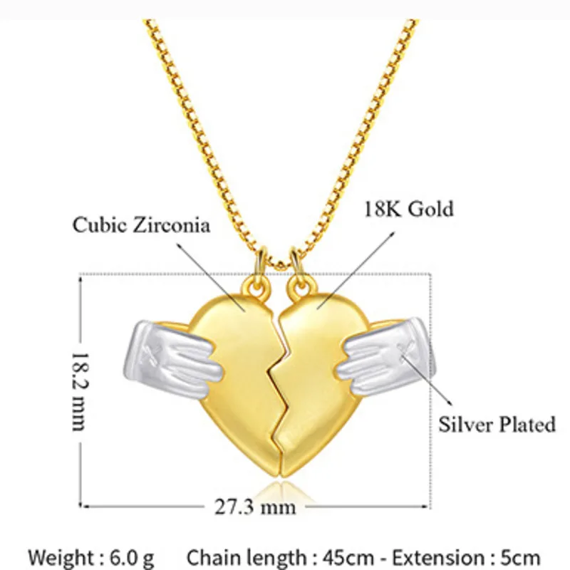 

Copper Plated Gold Two Halves Heart Necklace Pendant Lover Couple Jewelry Heart Broken Necklace Set Chain Lovers Necklace