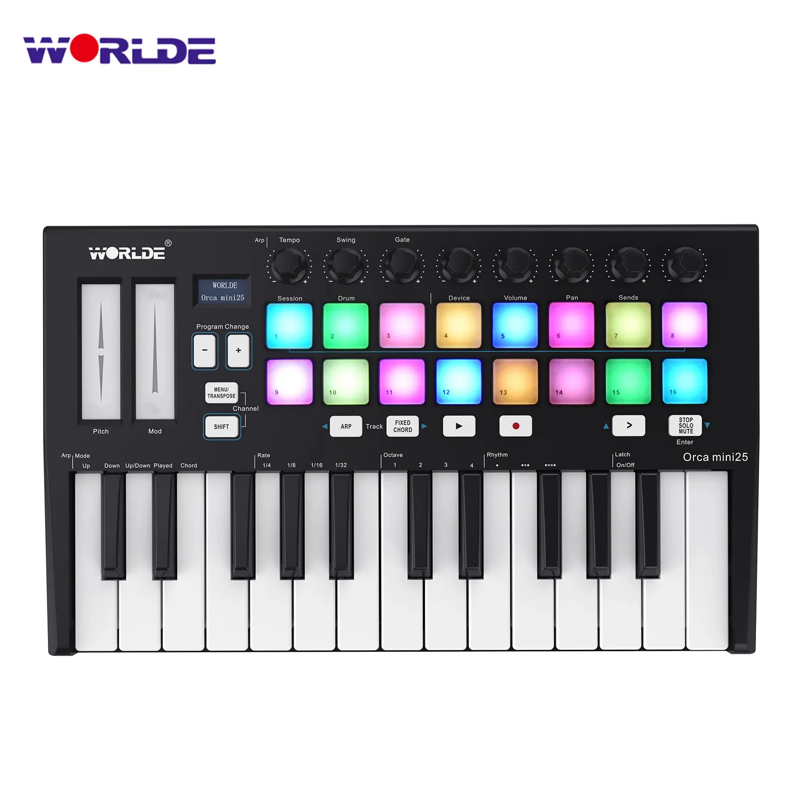 

WORLDE Orca mini25 MIDI Keyboard Controller 25-Key USB MIDI Controller Keyboard with 16 RGB Backlit Trigger Pads 8 Control Knobs