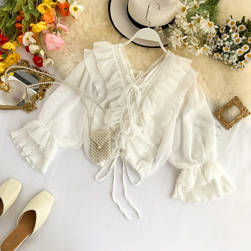 2019 Новая модная женская шифоновая рубашка женский кружевной топ с V-образным