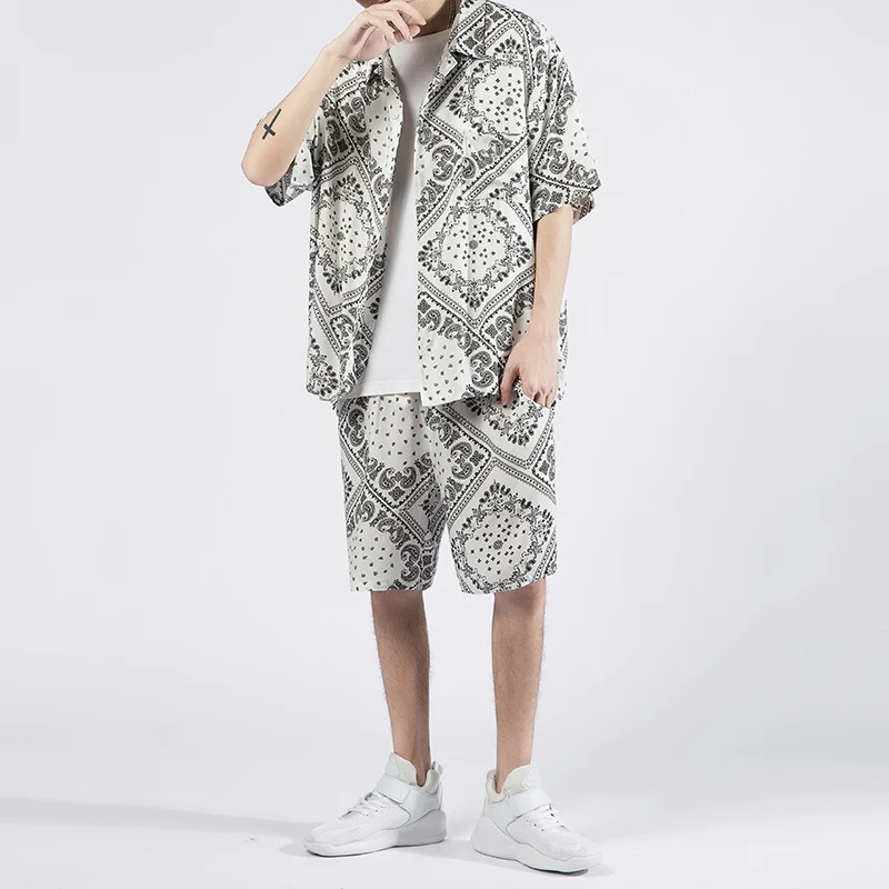 Размера плюс мужские комплекты из рубашки и шортов комплект двух предметов лето