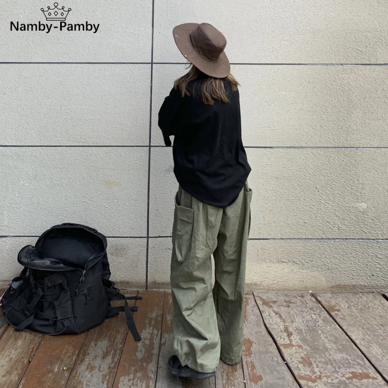 

Korean Style Streetwear White Cargo Pants Women Hippie Oversize Pockets Black Jogging Loose Wide Leg Trousers For Female