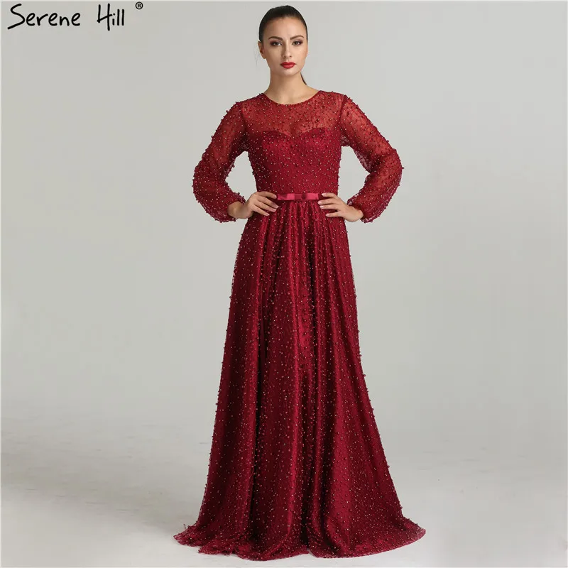 Женское платье для выпускного вечера Бордовое с длинным рукавом и разрезом сбоку