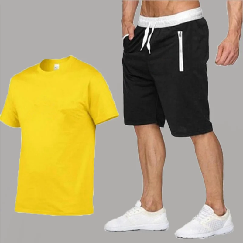

Men's Sets Summer Solid Color Round Neck Casual T-Shirt Zipper Pocket Breathable Shorts Fitness Exercise Two Piece Sets