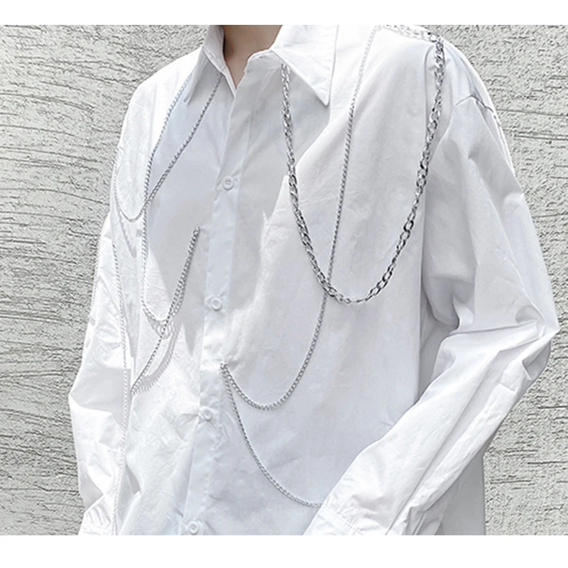 

Chain Patchwork Black Blouse Women Loose Fashion Personality All Match 2020 New Autumn White Shirt Streetwear K248