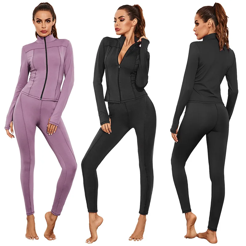 

Muslim Fashion Stand-up Collar Tights Yoga Clothes Sanded Nude Fitness Two-piece Zipper Casual Sports Women Clothing AbayaKaftan