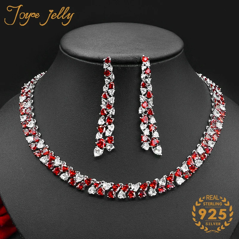 

JoyceJelly Silver Women Wedding Jewelry Sets With Ruby Gemstone Necklace Earrings Engagement Jewelry Gifts Wholesale