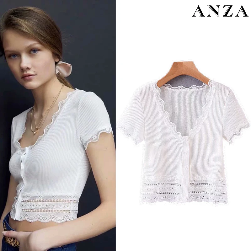 Женская Кружевная футболка с глубоким V образным вырезом и коротким