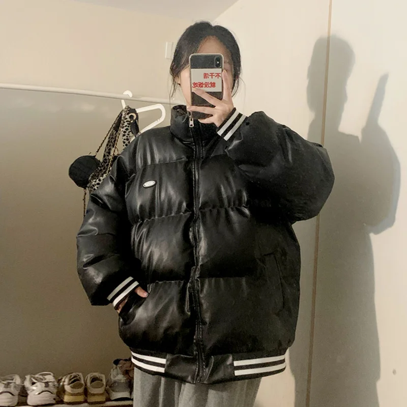 

Черная утепленная бейсбольная хлопковая куртка, Женская осенне-зимняя Новинка 2021, маленькая куртка из искусственной кожи, хлопковая куртка