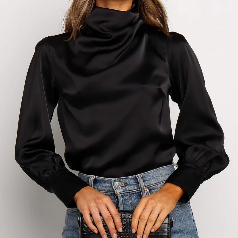 Женская водолазка с длинным рукавом атласная шелковая тонкая гладкая