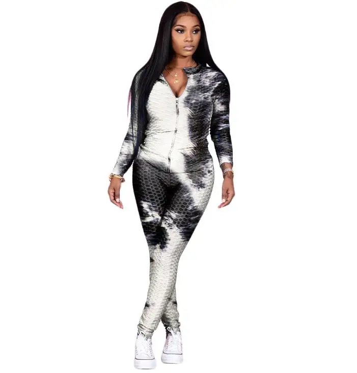 

New style women ink jacquard tie-dye sport suit ladies Stand collar zip hoodie two piece set bubble suit tracksuit vestido