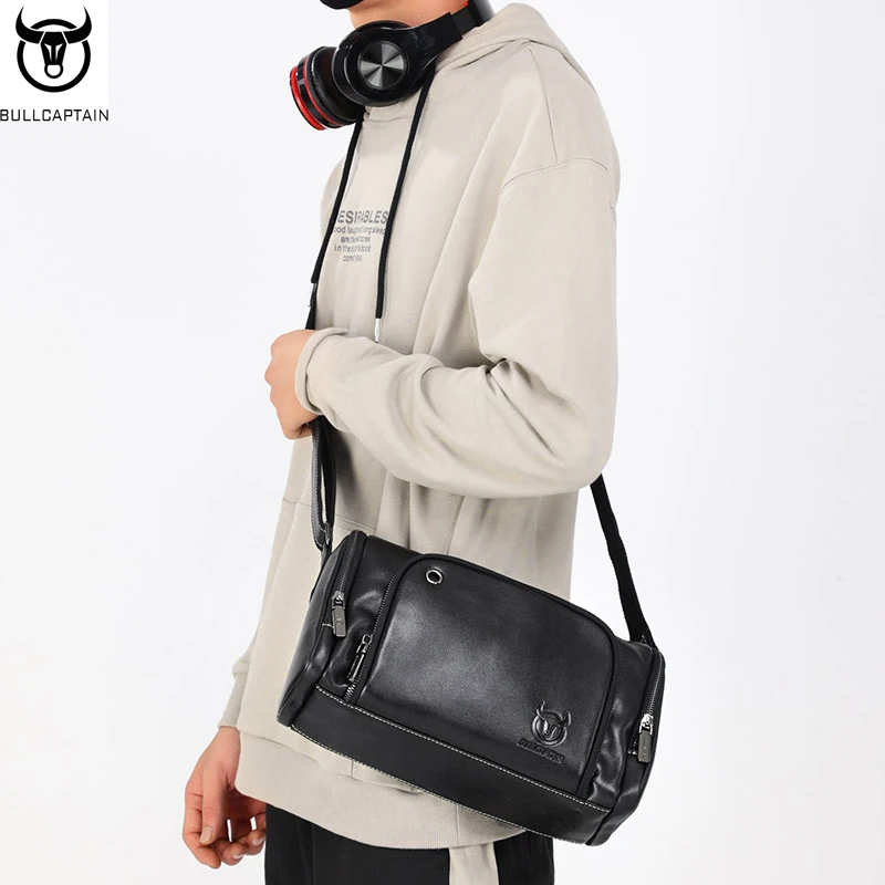 BULLCAPTAIN men's first layer leather shoulder bag leather messenger bag motorcycle leisure fitness sports men's shoulder bag