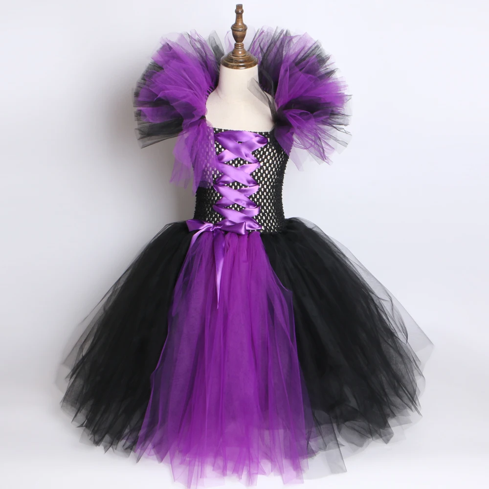 Halloween Witch Costume for Kids Carnival Party Clothes Evil Queen Cosplay Costumes Purple & Black Girls Fancy Tulle Tutu Dress