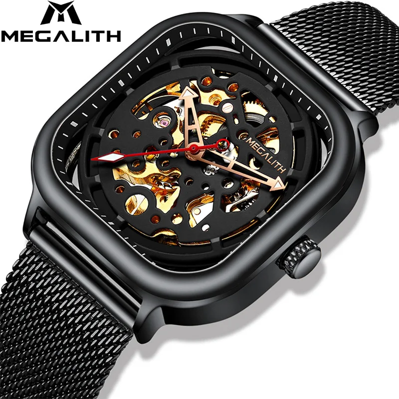 Men Mechanical Watch MEGALITH Fashion Sport Luxury Waterproof Black Stainless Steel Mesh Watches Relogio Masculino | Наручные часы