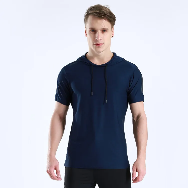 Men Running Hoodie Shirts Fitness Sweatshirt Quick-dry Jersey Gyms Clothing Short Sleeve Training Top Male Sports T Shirt