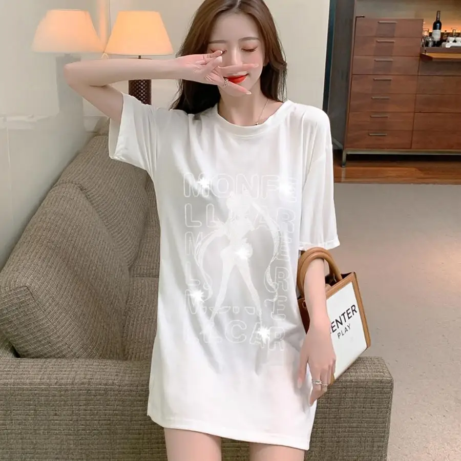

Sailor Moon Hot Rhinestone Print Oversized Summer T-Shirt Women'S Kawaii Vintage Streetwear 2021 New Loose Long T-Shirt Casual