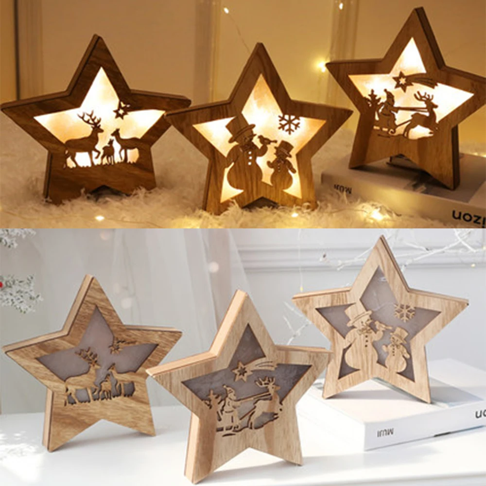 

Christmas Star Wooden ornaments With Lights Nordic Style Old man Snowman Star Ornaments House lighting 2023 Xmas Decorations