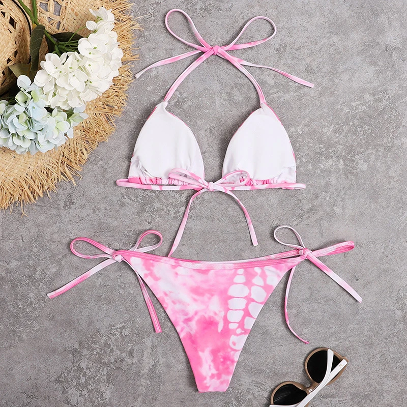 

Sexy Halter Tie Dye Bikinis Women Bathing Suit Backless Lace-Up Swimwear Female Swimsuit Nightclub Bikinis Set Wire Free