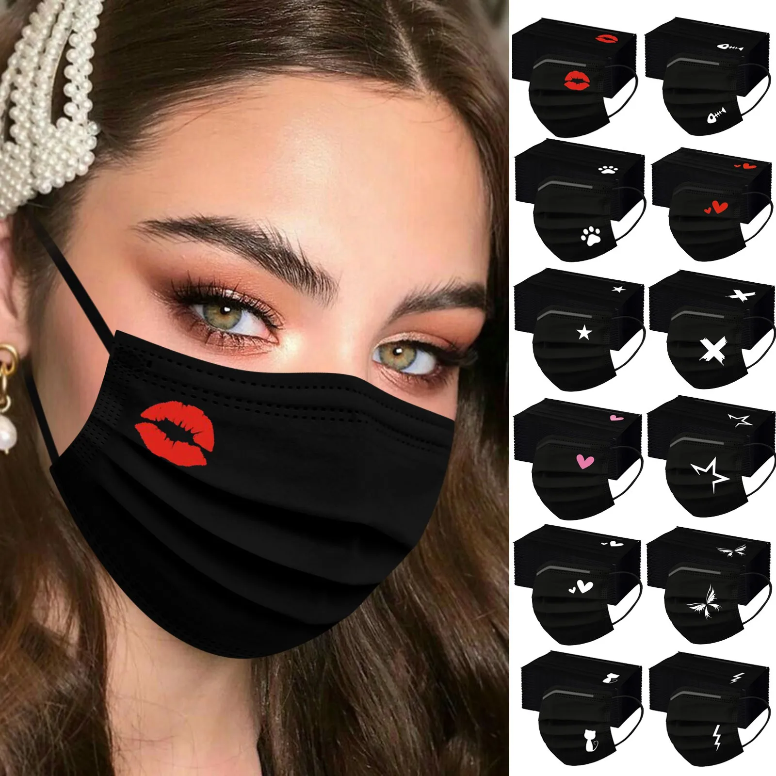 

50pcs Adult Face Mask Proteccion Disposable Masks 3-ply Covers Fashion Hearts Printed Mouths Christmas Cosplay Mascara Navid