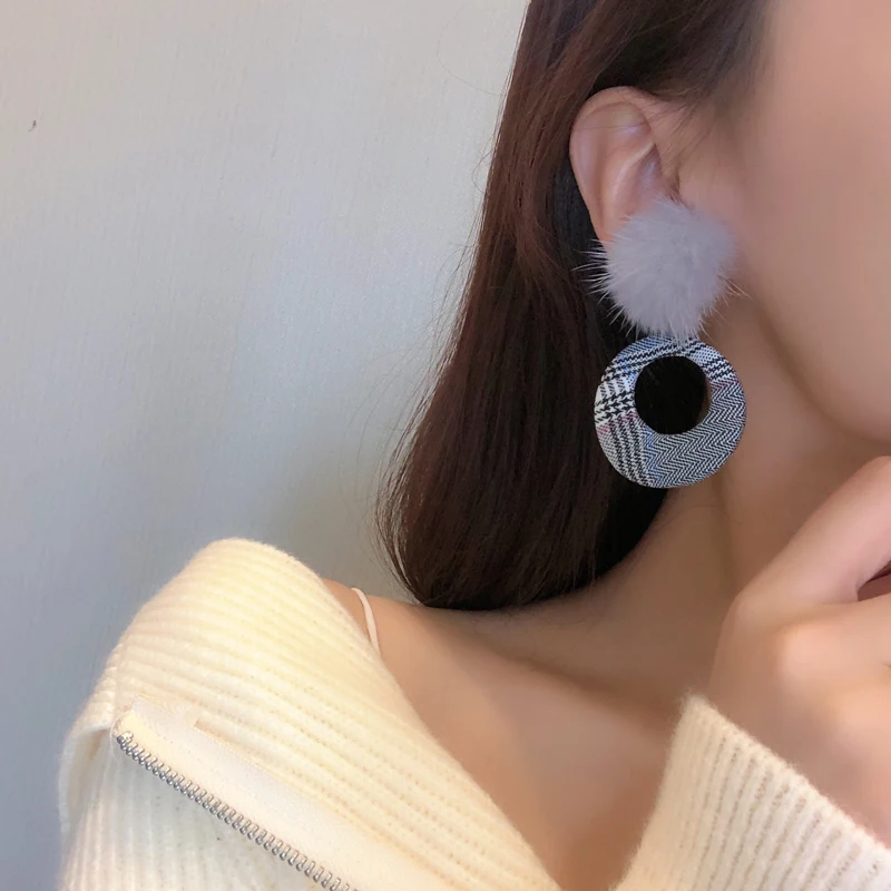 

Women Jewelry Fluffy Ball Earrings 2021 New Trend Vintage Autumn Winter Style Cloth Plaid Drop Earrings For Women Party Gifts
