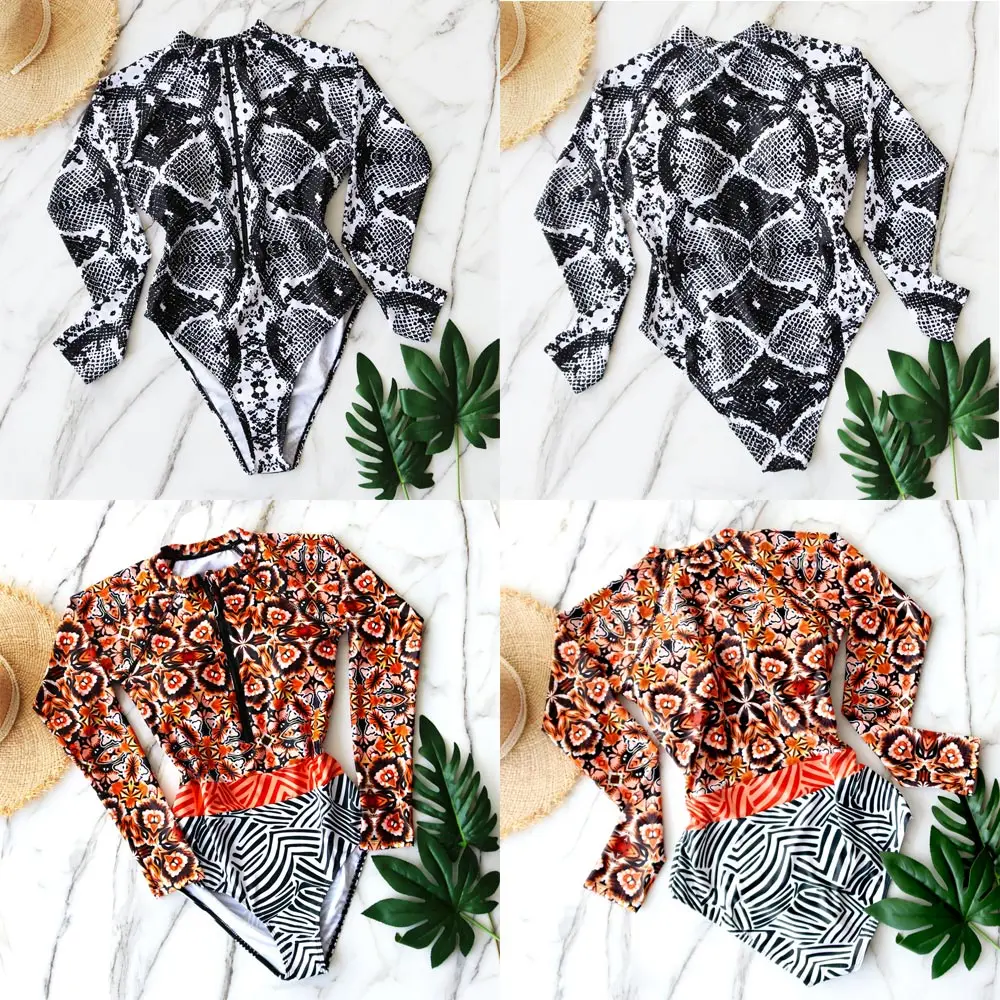 

2020 Print Floral One Piece Swimsuit Long Sleeve Swimwear Women Bathing Suit Retro Swimsuit Vintage One-piece Surfing Swim Suits