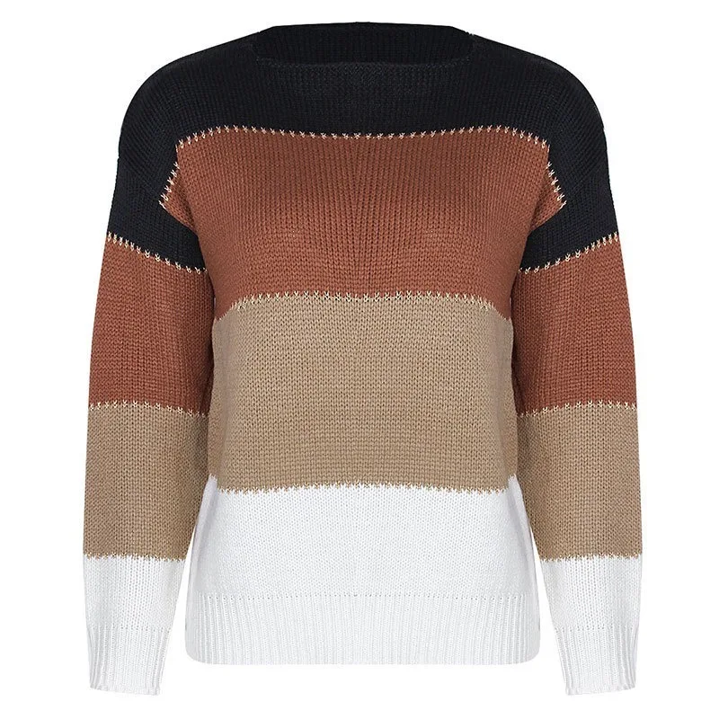 

New style stitching Pullover bottomed Top Casual color contrast crew neck sweater for women autumn winter