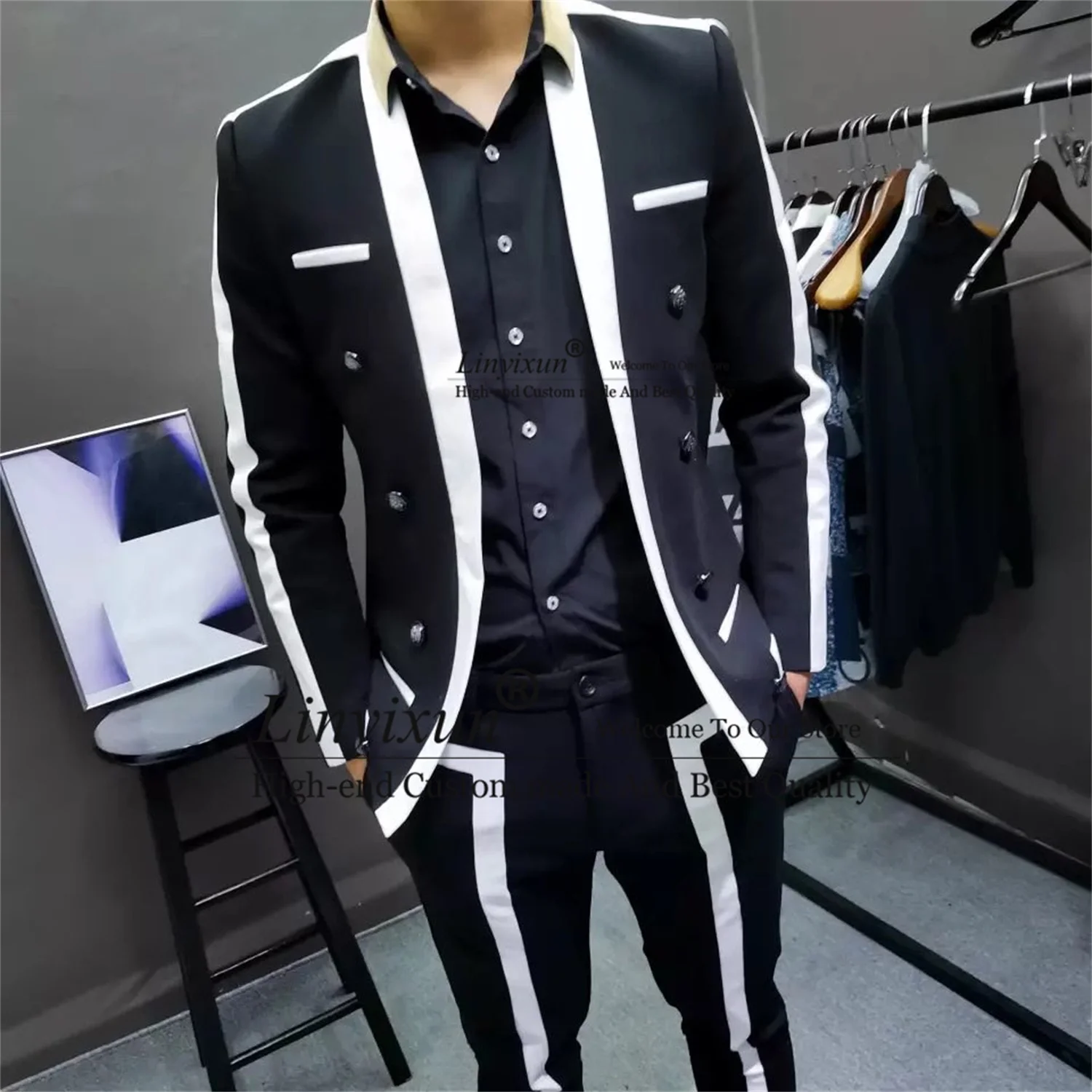 

Trajes De Hombre Contrast Stripe Blalck White Fashion Men Suits Slim Fit Male Wedding Groom Tuxedos 2 Pieces Set Costume Homme