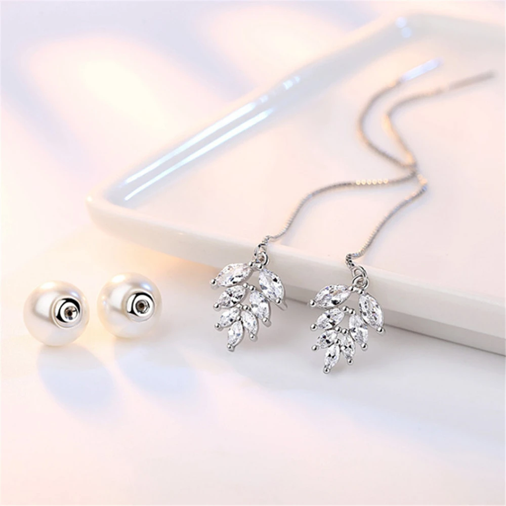 

Luxury Zircon Pearl Drop Earrings Temperament Sweet Jewelry Ice Leaves Long Earrings Female Models High - Grade Silver Jewelry