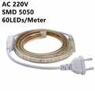 AC220V SMD 5050 Светодиодная лента гибсветильник 60 светодиодовм Водонепроницаемая светодиодная Светильник та со штекером питания 1 м2 м5 м8 м10 м15 м20 м50 М100 м