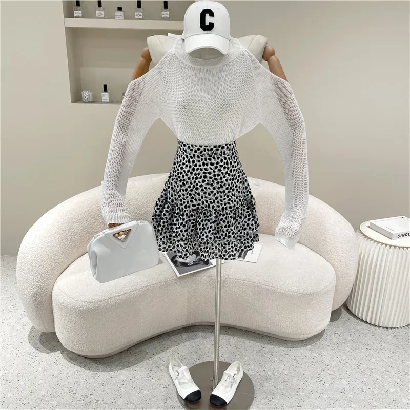 

New Women's Clothing Summer 2021 Fashion Off Shoulder Sling hollow out knit shirt Top floral A-line skirt Leisure two piece set