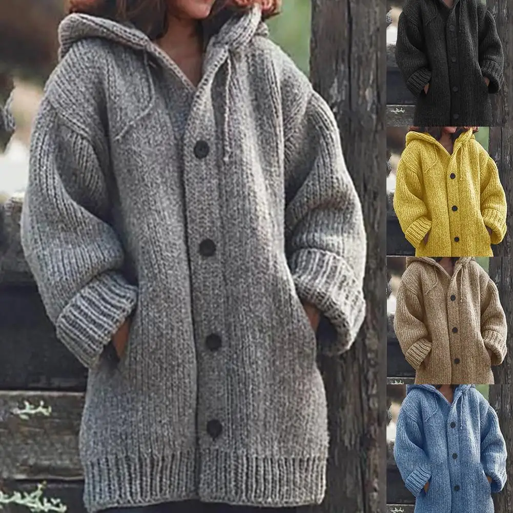  Women Jacket Thick Sweater Coat Warm Knit Outerwear Autumn Winter Long Hooded Cardigan Sweater